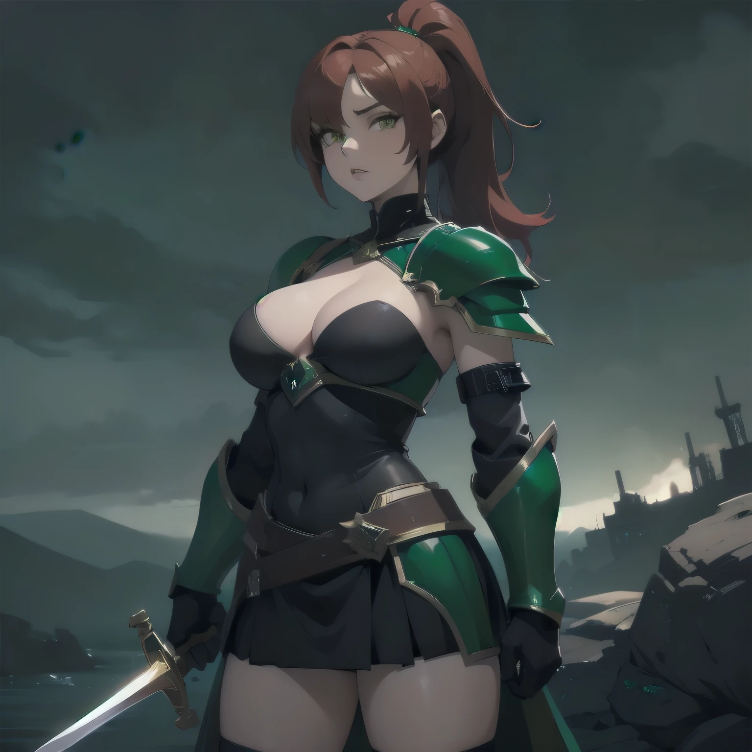 (masterpiece), expressive eyes, perfect face, 1girl, solo, knight girl, ponytail, hair over one eye, red hair BREAK ((emerald armor, green armor BREAK)) large breasts, Cleavage, black skirt BREAK yellow eyes BREAK holding a sword, gloves, standing, outdoors, (dark clouds, dark sky), wasteland, rocks, sword, holding sword, :o, looking at viewer 