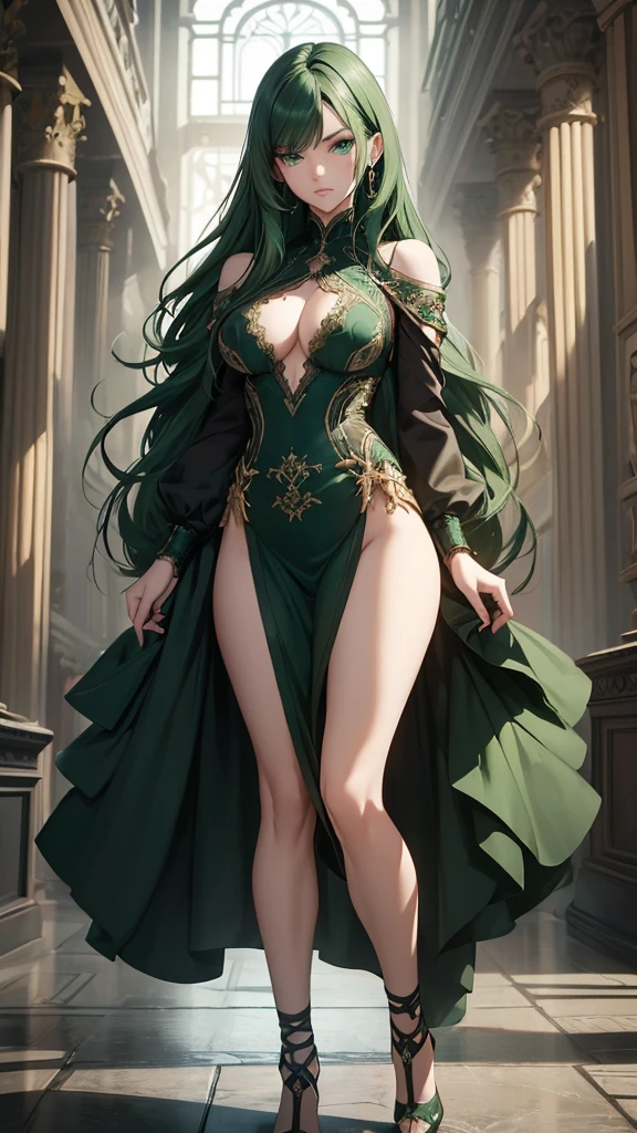 masterpiece, highest quality, (solo focus), (perfect face:1.1), (full body), (high detail:1.1), (hyper detailed eyes), dramatic, a woman with pale skin and long voluminous dark green hair, green eyes, solo, long hair, arrogant expression, heels, detailed background, art by artgerm, cinematic lighting, fashion, BalenciagaStyle