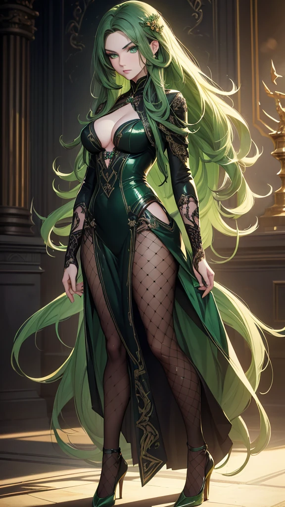 masterpiece, highest quality, (solo focus), (perfect face:1.1), (full body), (high detail:1.1), (hyper detailed eyes), dramatic, a woman with pale skin and long voluminous dark green hair, green eyes, solo, long hair, arrogant expression, heels, detailed background, art by artgerm, cinematic lighting, fashion, BalenciagaStyle