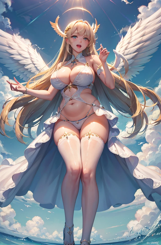 最high quality, high quality, 8K、High resolution,Highest quality、solo、A plump adult female angel in a white bikini with wings on her chest, viewed from below、Open Mouth Smile、Blonde hair and blue eyes、