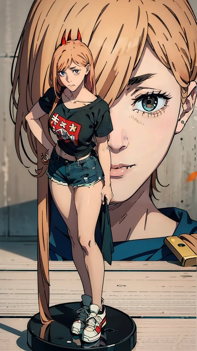 ultra-sharp image, beautiful figure, beautiful, longitud total (full body 1.1.), thin legs, buttocks, wasp waist, erotica, pose sexy, Mouth open in a smile., Sharp teeth, laugh,  yellow eyes, ultra detailed face, Ultratransparente, Chainsaw Man Power, Two sharp red horns on the head., ultra-sharp image, very beautiful, wide, rubio, beautiful figure, tight clothes, T-shirt with a cat image., denim shorts, shoes, Red crosses and circles instead of students., Cuerpo beautiful, sexy clothes, pretty eyes, very detailed eyes, Very detailed face, Cuerpo beautiful, Chereter Design, Very detailed, detailed body, detailed hands, detailed, bright, detailed Face, sharp focus, clap, germ of art, animated art, bright, detailed Face, Hugh Details, sharp focus, very downcast face, detailed eyes, super lovely illustration, best shadow, finely detail, beautiful detail
