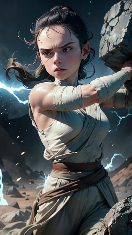 "Rey stands with her arms outstretched, channeling the Force to lift a massive boulder, her face showing both strain and determination, as blue energy crackles around her."