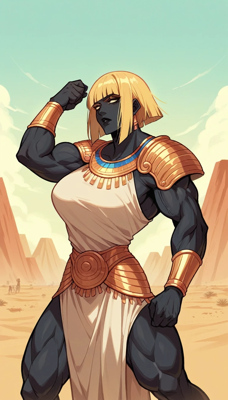black buff strong woman character, muscle arms, muscle body, buff body, tall woman, black skin, full black skin, strong arms, long fringe hair, blonde hair, blonde fringe hair, fringe hair, scales in body, black lips, egypt hair, milf, beige dress, golden details, golden bracelets, holding a spyglass, rust armor, rust shoulder pads, desert background, looking around