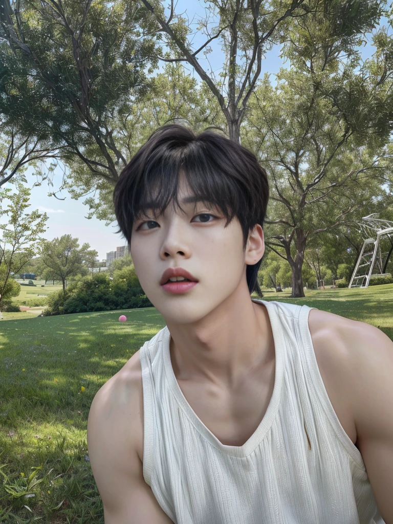 There's a man sitting on the grass with a frisbee, park Jimin, Jungkook, hyung tae, Jimin, Ulzzang spacious, Jimin\the full lips, Tae June Kim, cai xukun, yanjun chengt, Hong Jun Hyung, jung jaehyun, Jimin\the right eyelid is swollen, Jimin\the Greek nose, Kim Doyoung