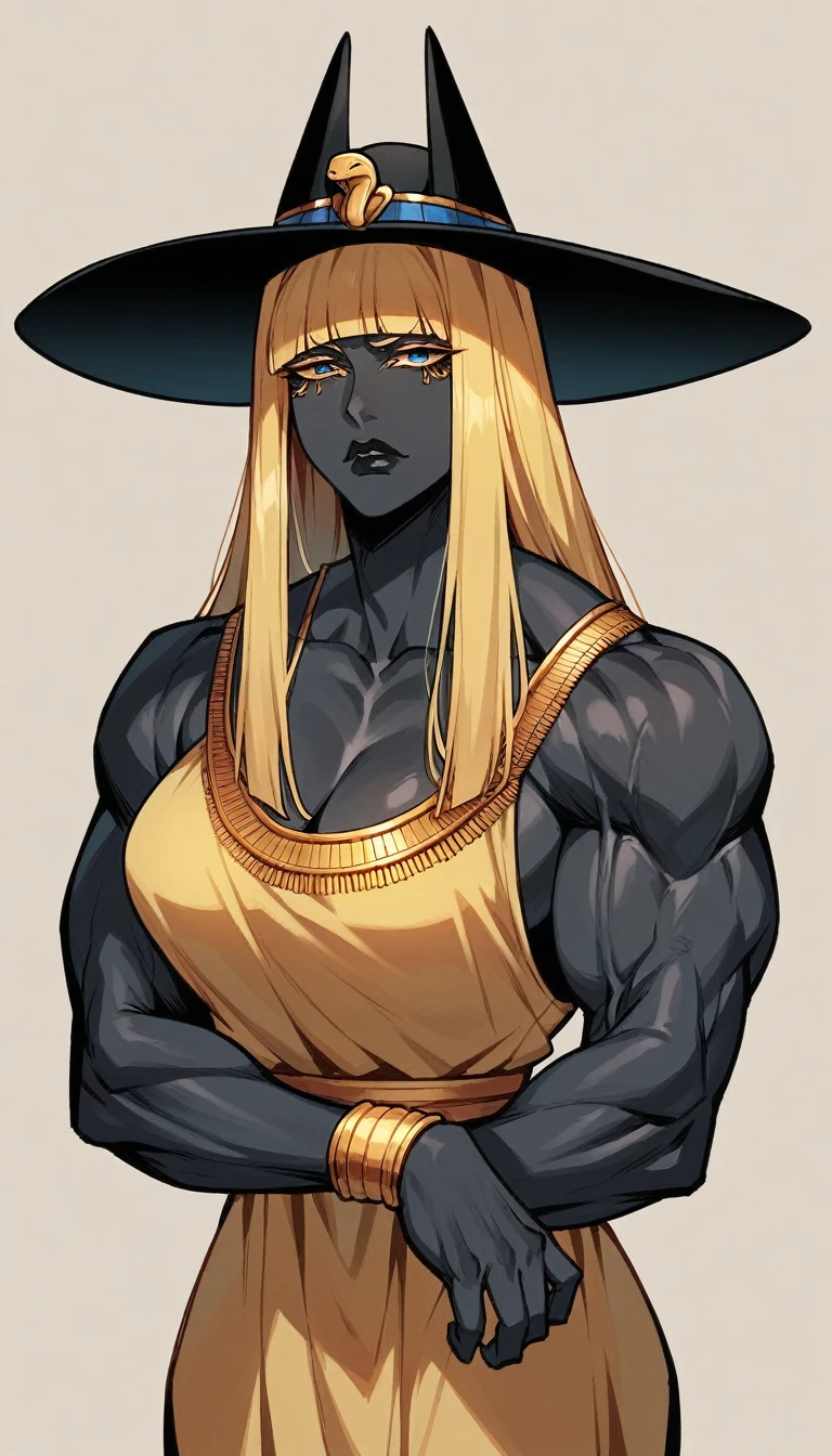 black buff strong woman character, muscle arms, muscle body, buff body, tall woman, black skin, full black skin, strong arms, long fringe hair, blonde hair, blonde fringe hair, fringe hair, scales in body, black lips, egypt hair, milf, black and golden dress, golden details, golden bracelets, black hat