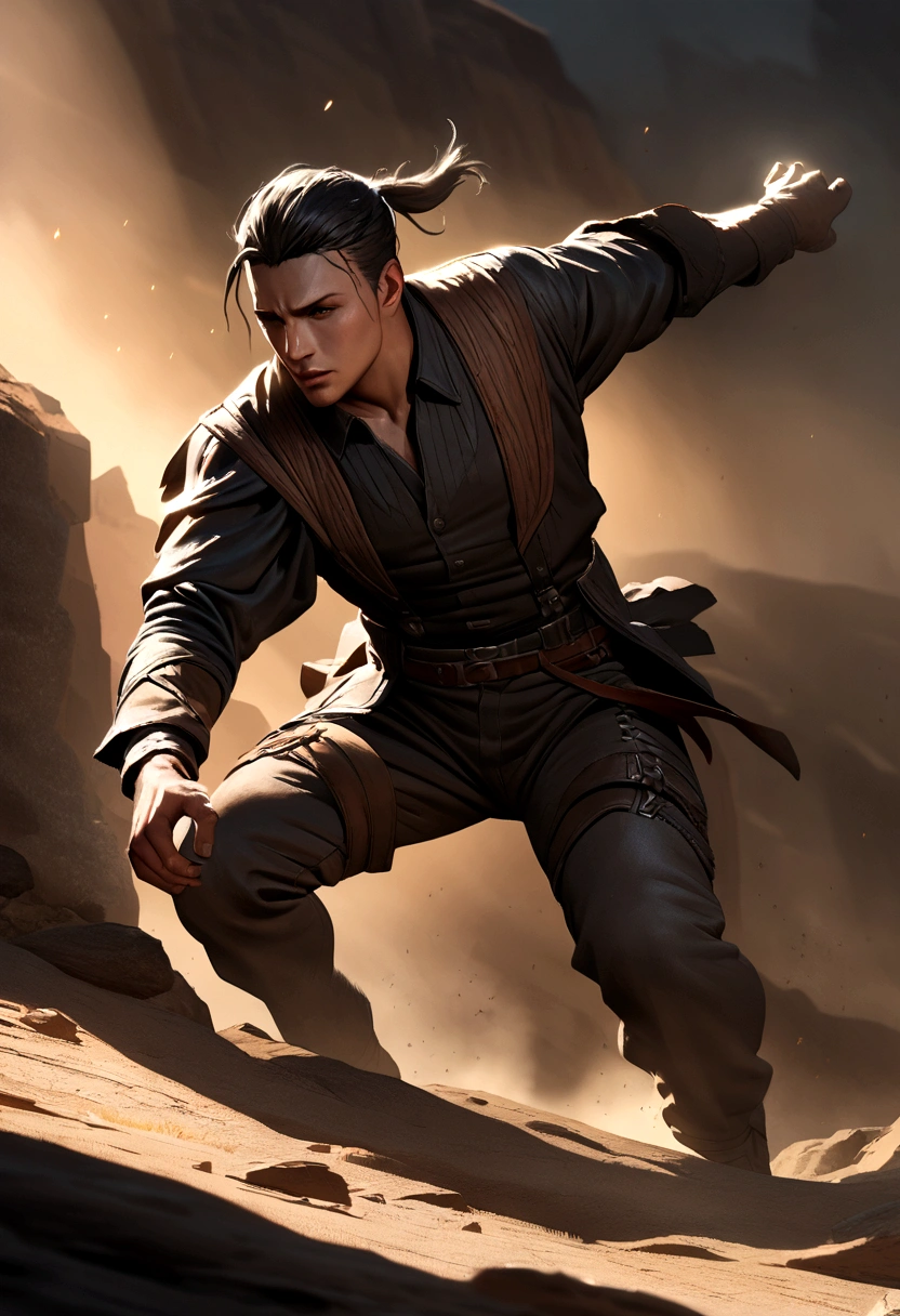 A cowboy in a dramatic shootout, cinematic atmosphere, detailed dynamic action shot, Steve Henderson Fabian Perez Henry Asencio Jeremy Mann Marc Simonetti fantasy style, Red Dead Redemption 2 mood, highly detailed, photorealistic, cinematic lighting, intense colors, dramatic pose, dusty environment, motion blur, depth of field, volumetric lighting, dramatic shadows, high contrast, ultra-detailed, 8k, masterpiece