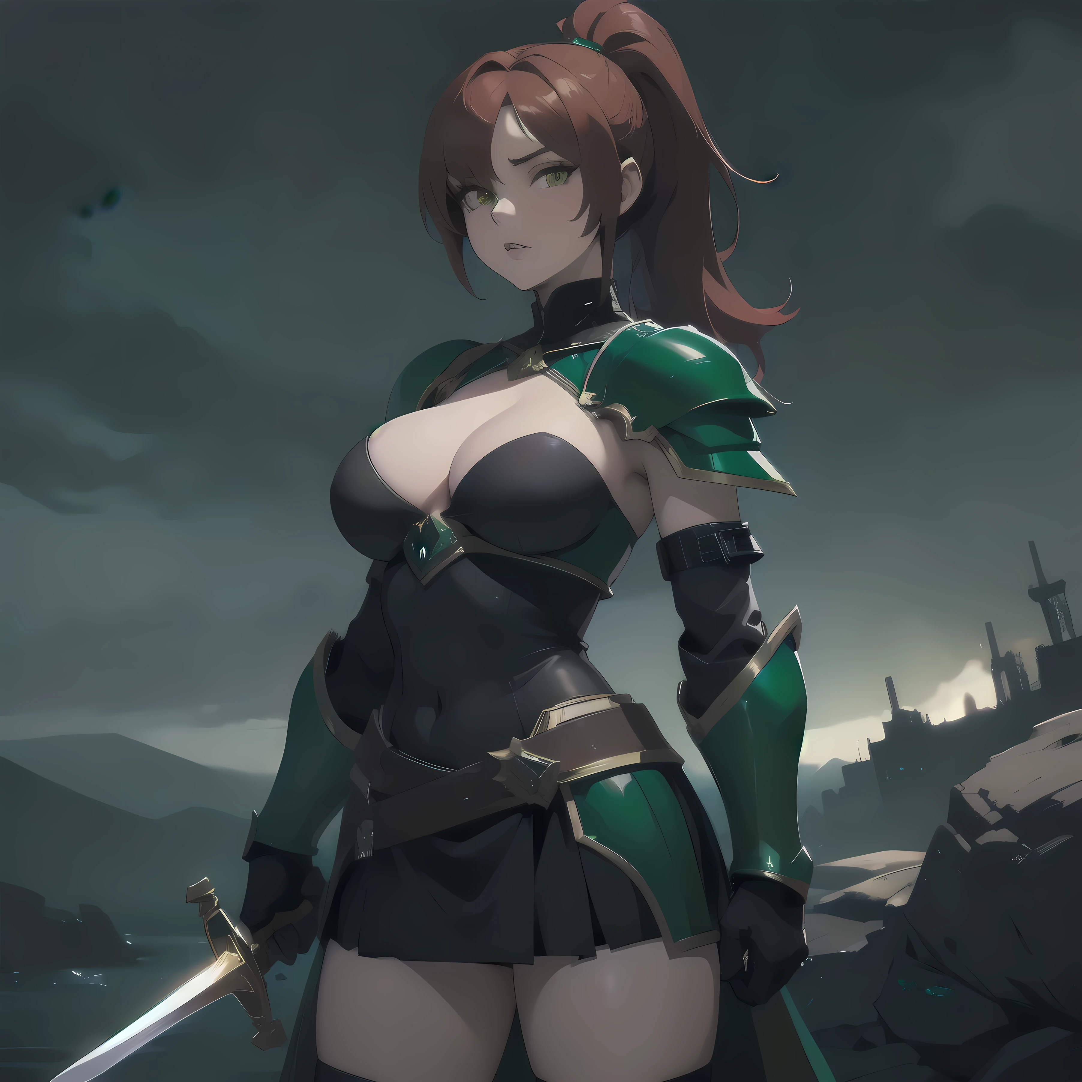 (masterpiece), expressive eyes, perfect face, 1girl, solo, knight girl, ponytail, hair over one eye, red hair BREAK ((emerald armor, green armor BREAK)) large breasts, Cleavage, black skirt BREAK yellow eyes BREAK holding a sword, gloves, standing, outdoors, (dark clouds, dark sky), wasteland, rocks, sword, holding sword, :o, looking at viewer