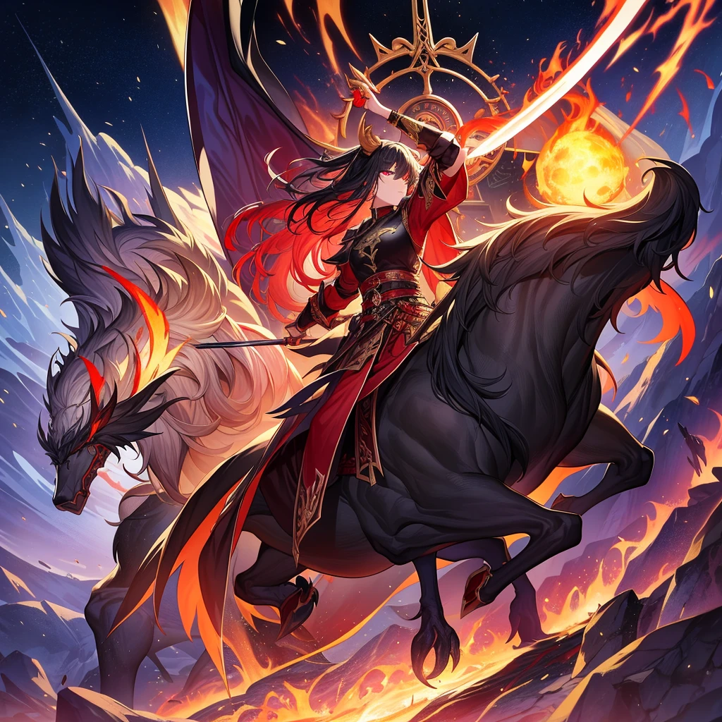top-quality、Masterpiece、detaileds、Norse mythology、Magic Sword Levatein、primordial flame、red and black sword、sharp crispness、Flame Sword、Boneless、scar、Burst、huge sword、Levatein（Old Norse: Lævateinn）ha、Weapons in Norse mythology。 In the source material of Norse mythology、A sword that can kill Vizovnir, the rooster sitting on the top of the World Tree.。Levatein as a proper noun、It is treated as a sword like Mystiltein in the saga of Fromund Gripsson.、If we consider Levatein as two words, Leva and Tein,、treated as a cane。「Cunning Loptor（loki）」trained by、Usually ha、demon king boy 
super strong and col strong body
 
of Surtur, the giant of Muspersheim.、It is kept in a box called Regaln with nine locks.。 In modern Japanese fantasy works,、The name is sometimes used to refer to the sword and flame wielded by Surtur during Ragnarok.。