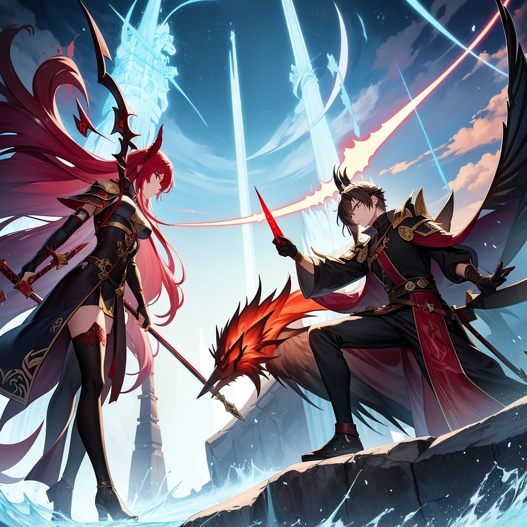 An 18-year-old handsome man and an 18-year-old beauty stand in front of two glowing dragons and glowing phoenixes. The lighting effects are very high. The 2D picture has clear lines, rich colors, supernatural game CG fantasy, the surrounding power, the surrounding energy, the picture is clear and vivid.