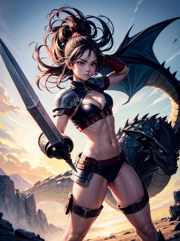 Highest quality,Highest Resolution,1People Girls,Fighting Warrior,Carrying a weapon,Fighting the Dragon,
