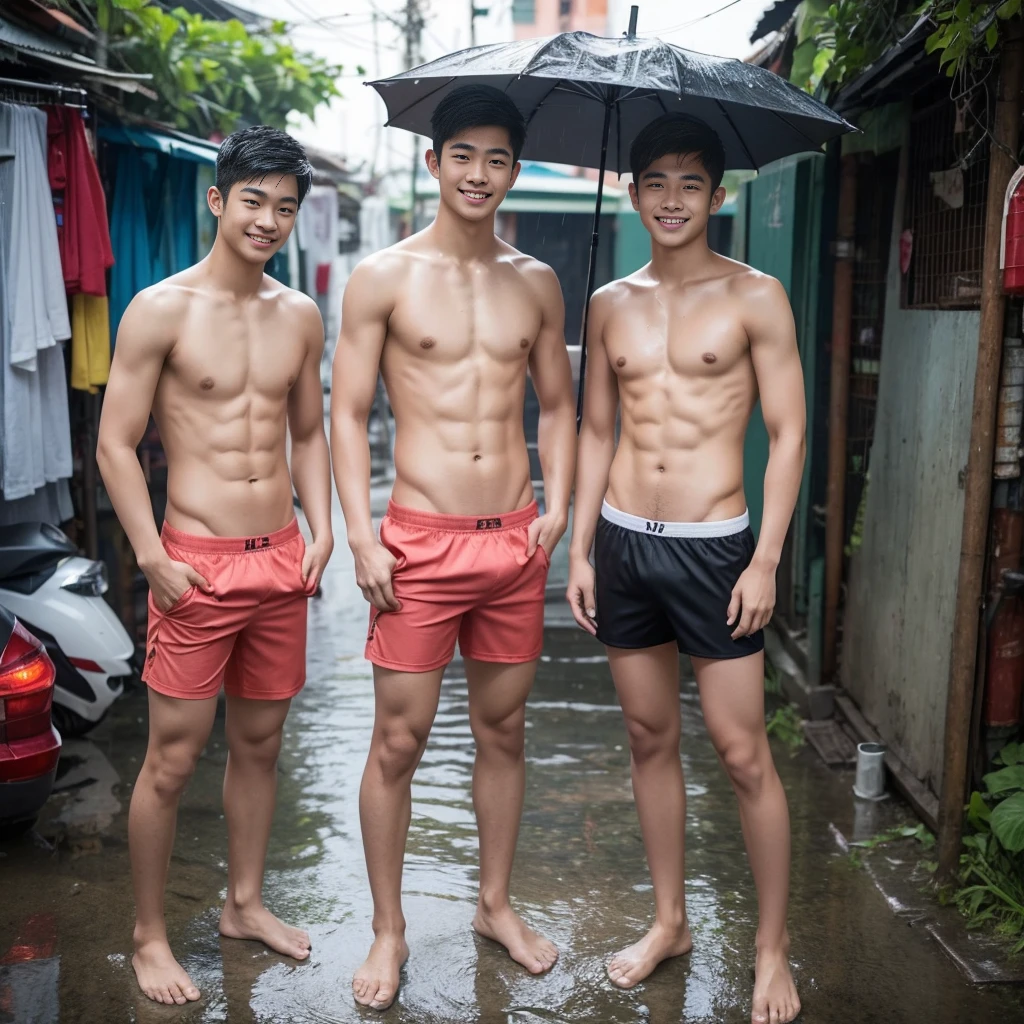 Full body image of two handsome Asian teenagers, , standing with their backs to the viewer, looking for a friend to take a shower in the middle of a rainy Bangkok alley.,Short boxers with rubber waistband,Heavy rain,There is a small star tattoo on his chest.,Among the many smiling students in the background