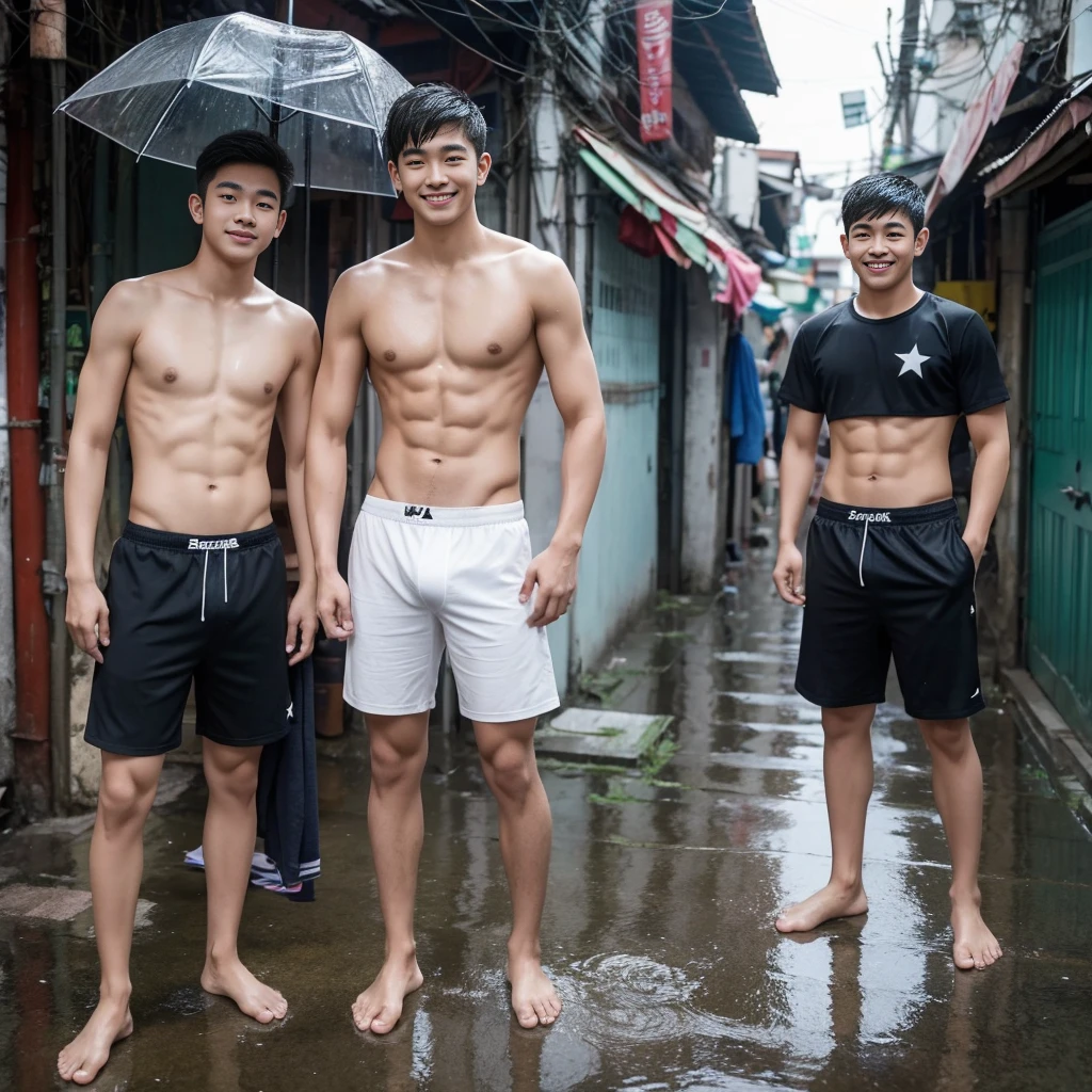 Full body image of two handsome Asian teenagers, , standing with their backs to the viewer, looking for a friend to take a shower in the middle of a rainy Bangkok alley.,Short boxers with rubber waistband,Heavy rain,There is a small star tattoo on his chest.,Among the many smiling students in the background