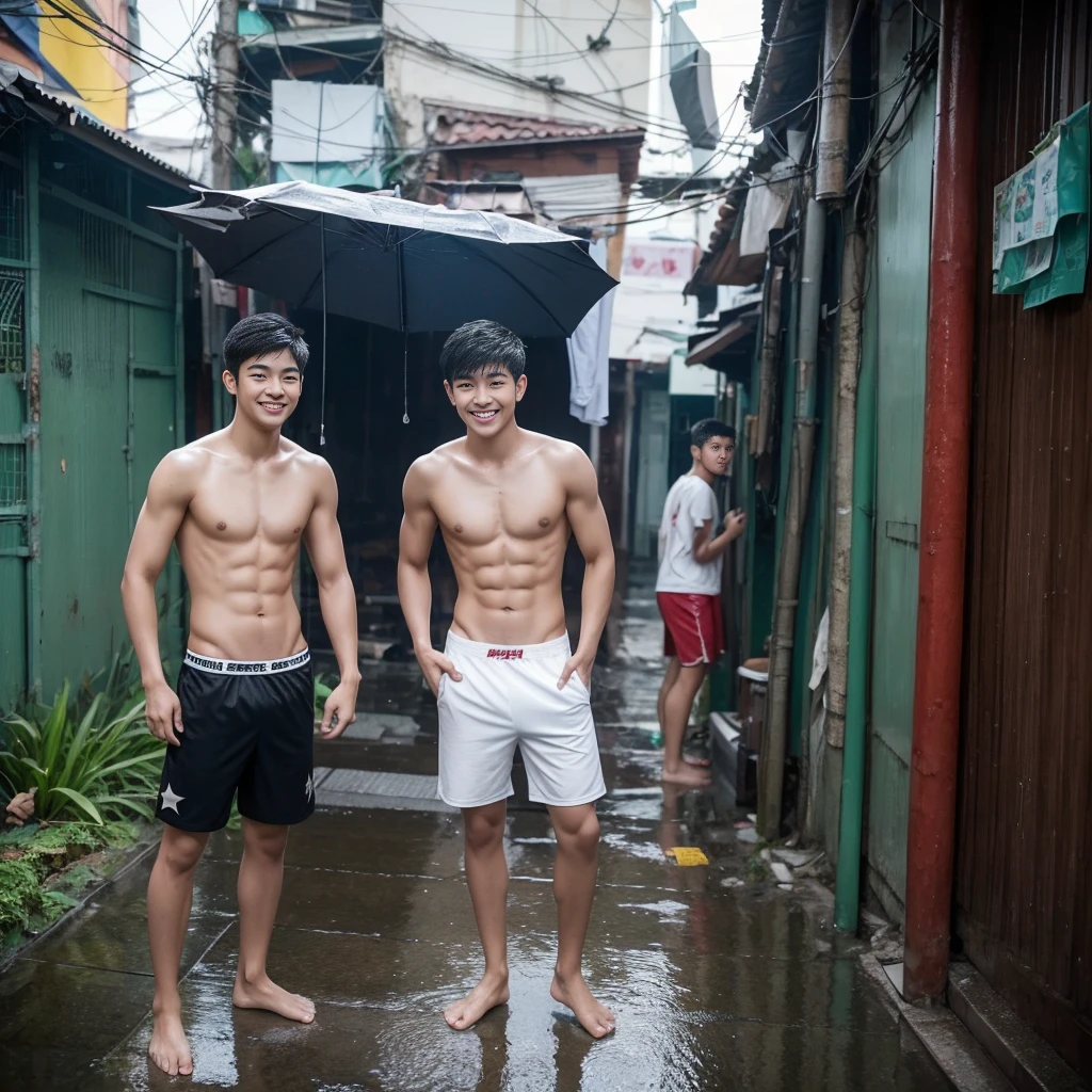 Full body image of two handsome Asian teenagers, , standing with their backs to the viewer, looking for a friend to take a shower in the middle of a rainy Bangkok alley.,Short boxers with rubber waistband,Heavy rain,There is a small star tattoo on his chest.,Among the many smiling students in the background