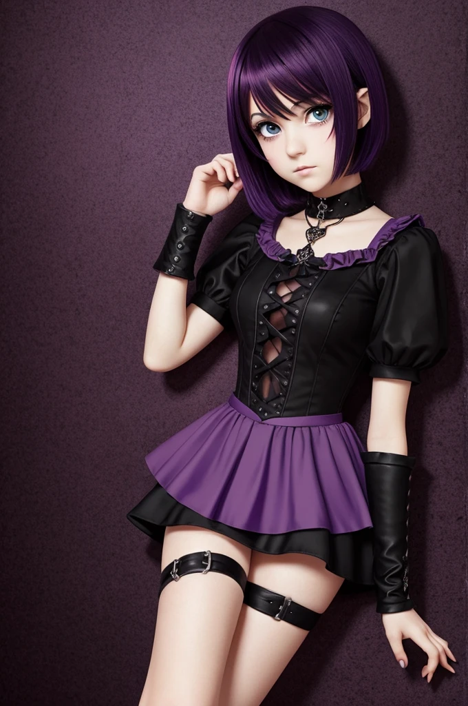 Gothic style anime caricature of a girl dressed in purple, short hair, serious look, cinnamon foot, round black eyes.
