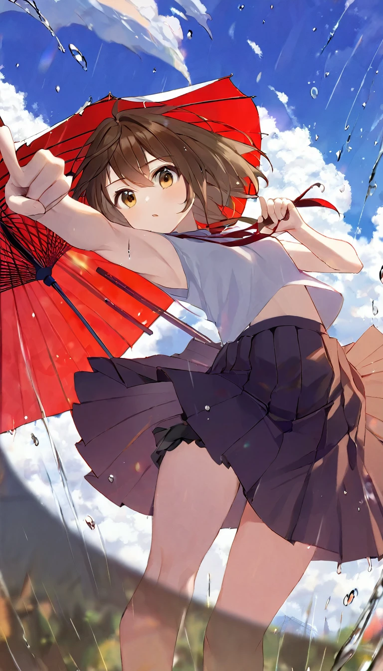 quality\(8K,非常に精細なCGユニットのwallpaper, masterpiece,High resolution,top-quality,top-quality real texture skin,Surreal,Increase the resolution,RAW Photos,最高quality,Very detailed,wallpaper\),BREAK、A girl is pointing at an umbrella、pretty girl、Pointing to a large umbrella、Gripping the umbrella tightly、Brown Hair、Spiky Hair、BREAK、Girl falling from the sky、A girl falling with the buoyancy of an umbrella、完璧に計算されたSpiky Hairの毛、Skirt that flips up、