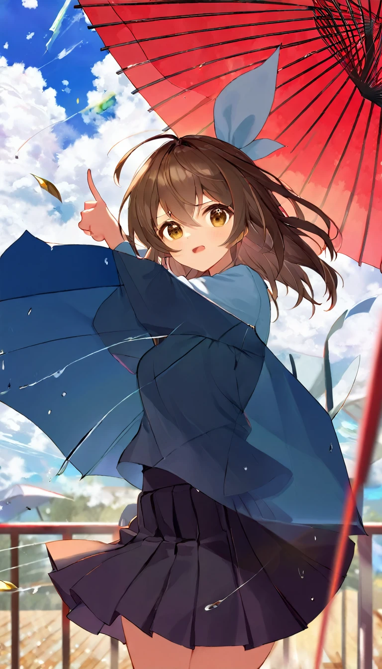 quality\(8K,非常に精細なCGユニットのwallpaper, masterpiece,High resolution,top-quality,top-quality real texture skin,Surreal,Increase the resolution,RAW Photos,最高quality,Very detailed,wallpaper\),BREAK、A girl is pointing at an umbrella、pretty girl、Pointing to a large umbrella、Gripping the umbrella tightly、Brown Hair、Spiky Hair、BREAK、Girl falling from the sky、A girl falling with the buoyancy of an umbrella、完璧に計算されたSpiky Hairの毛、Skirt that flips up、