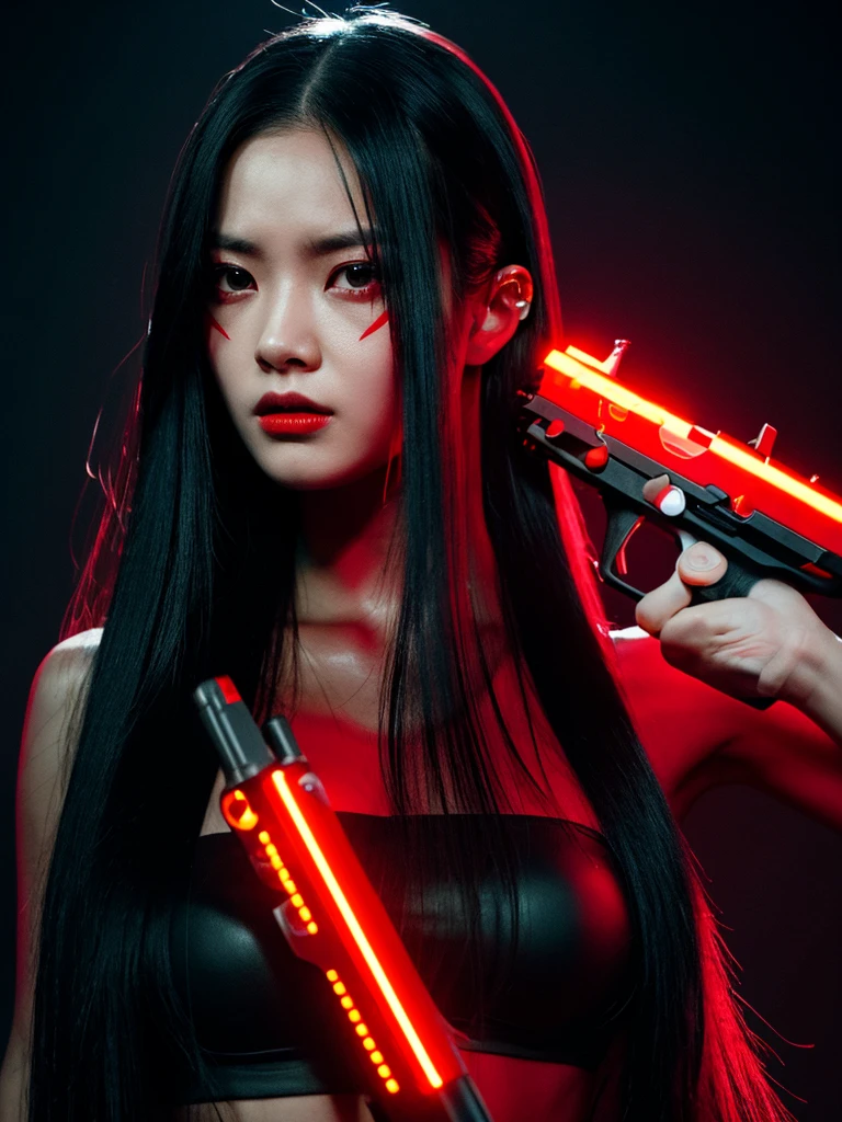 futuristic girl with long black hair with bright red neon lights and a dark background and a deadly red firearm with determined expression