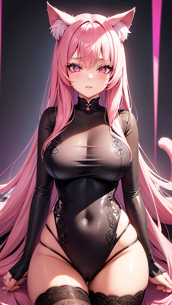 a 19 year old woman, feline eyes, cat ears, cat tail, wearing pink clothes, pink dress with transparent black thigh-high stockings showing her thighs, large breasts, beautiful detailed eyes, beautiful detailed lips, extremely detailed eyes and face, long eyelashes, photorealistic, 8k, high quality, masterpiece, surreal, fantasy, vibrant colors, dramatic lighting