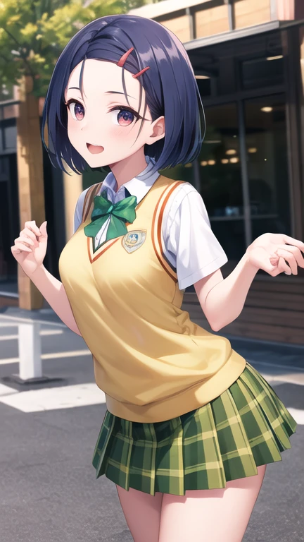 masterpiece, best quality, highres, aaharuna, short hair, hairclip, forehead, , green bowtie, white shirt, sweater vest, yellow vest, short sleeves, plaid skirt, green skirt, pleated skirt, standing, cowboy shot, outdoors,