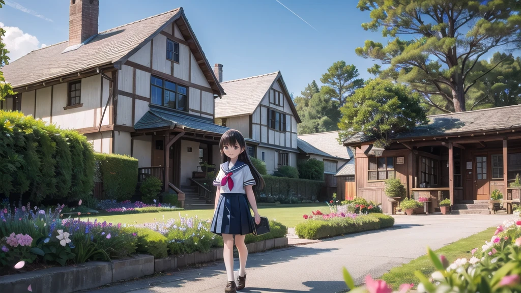 (masterpiece), town, blue sky, One Girl, smile, alone, Sailor suit、Long skirt, Overgrown, petal, plant、Skirt lining、Translucent slip、Nostalgic