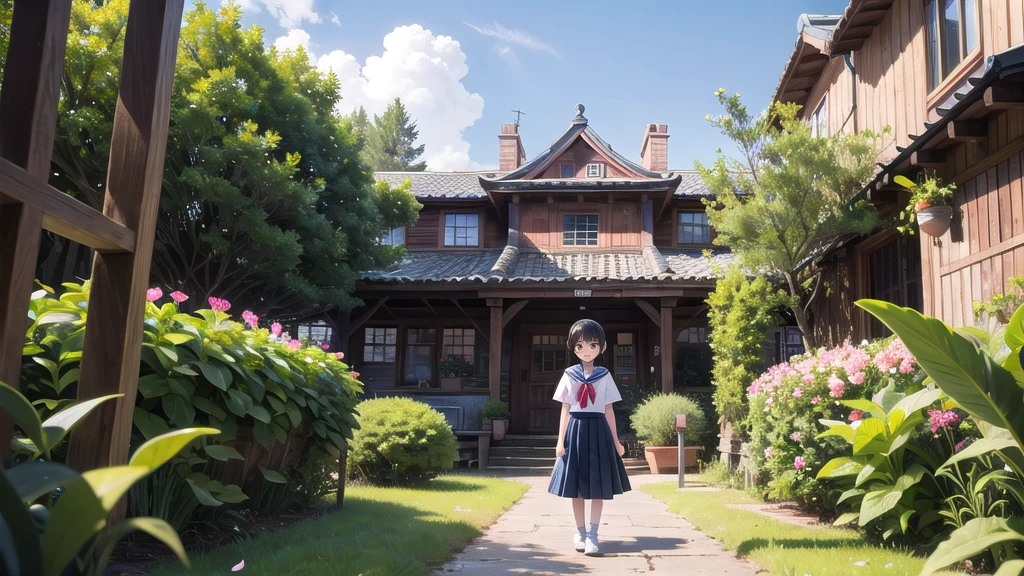 (masterpiece),  town,  blue sky,  One Girl,  smile,  alone,  Sailor suit、Long skirt,  Overgrown,  petal,  plant、Skirt lining、Translucent slip、Nostalgic