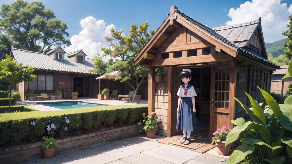 (masterpiece), town, blue sky, One Girl, smile, alone, Sailor suit、Long skirt, Overgrown, petal, plant、Skirt lining、Translucent slip、Nostalgic