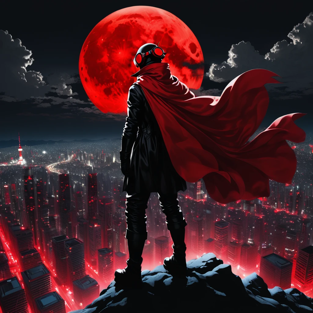 Red Full Moon、Silhouette of a city with buildings、A hero looking down from on high（Red Goggles、Red long scarf、Red Gloves、Black Metal Suit）