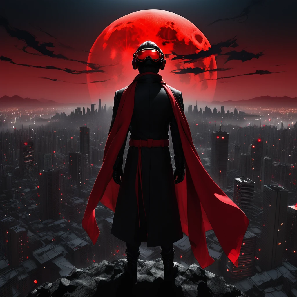 Red Full Moon、Silhouette of a city with buildings、A hero looking down from on high（Red Goggles、Red long scarf、Red Gloves、Black Metal Suit）