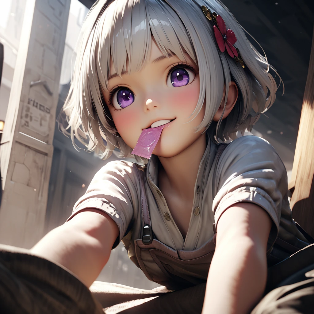masterpiece, Highest quality, Very detailed, High resolution, An expensive solution, High resolution, 4K, 8K, ユニティ 8K 壁紙, Very detailed CG, masterpiece, Realistic, 2D, 3d, Beautiful details, depth, Fine texture, Highest quality: 1.3, Fully focused, Crispy.skin, .he, Very cute anime girl about , Expensive silver short hair, girl around 4 years olde piece, blush, Mole, Release your lips, hair ornaments, heart, Purple eyes、Condom in mouth、A defiant smile、Lifting up your skirt in a dimly lit alley、クーラーの室外機の上にsit、Crotch close-up、Angle from below、I can see your underwear、Translucent slip、Spread your legs、Looking down from above、front、sit、Cotton panties