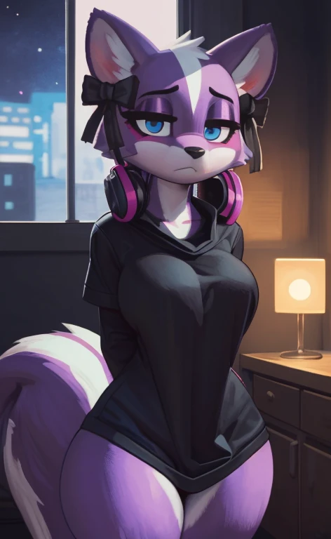 [Shikabane], [Aggretsuko], [Uploaded to e621.net; (Pixelsketcher), (wamudraws)], ((masterpiece)), ((HD)), ((high res)), ((solo portrait)), ((waist-up)), ((front view)), ((furry; anthro)), ((detailed fur)), ((detailed shading)), ((beautiful render art)), ((intricate details)), {anthro skunk; purple fur, black nose, (cute blue eyes), (purple eyeshadow), (pink eyeliner), (curvy hips:1.7), (thicc thighs:1.6), (large breasts:1.3), (cute frown), (nervous expression)}, {(black baggy tee shirt), (bottomless), (black and pink headphones around neck), (black bows)}, {(standing), (hands behind back), (looking at viewer)}, [background; (bedroom), (window), (nighttime), (starry sky), (lamp light), (ambient lighting)]