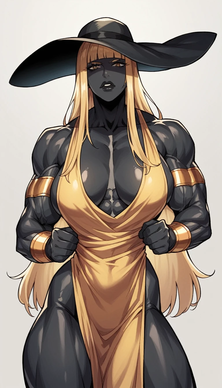 black buff strong woman character, muscle arms, muscle body, buff body, tall woman, black skin, full black skin, strong arms, long fringe hair, blonde hair, blonde fringe hair, fringe hair, scales in body, black lips, milf, black and golden dress, golden details, golden bracelets, black hat