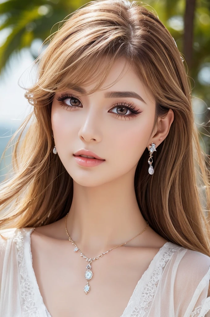 Beautiful woman Clean skin Natural eye makeup Natural brown eyeshadow Natural eyes with thin eyeliner Curled eyelashes and highlighted with mascara Natural eyebrows Natural eyebrows that match the hair color Elegant clothing Elegant style without excessive exposure Small earrings or necklace Feathered Fairy