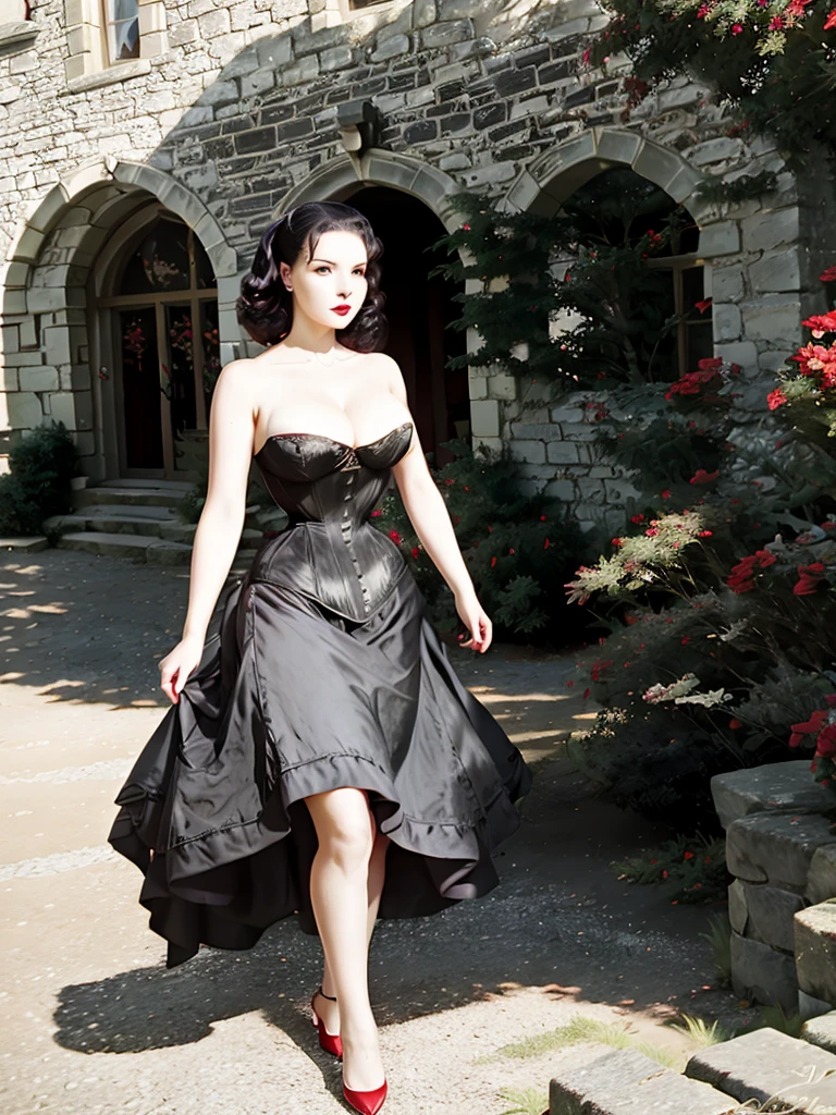 a dark haired gothic woman wearing black satin wasp waist corset over 50s vintage red summer dress , retro hairstyle, in stone manor hall, natural lighting, outdoors, vintage, photorealism, PHOTOREALISTIC, cleavage, 4k, Depth of field, Canon, atmospheric lighting