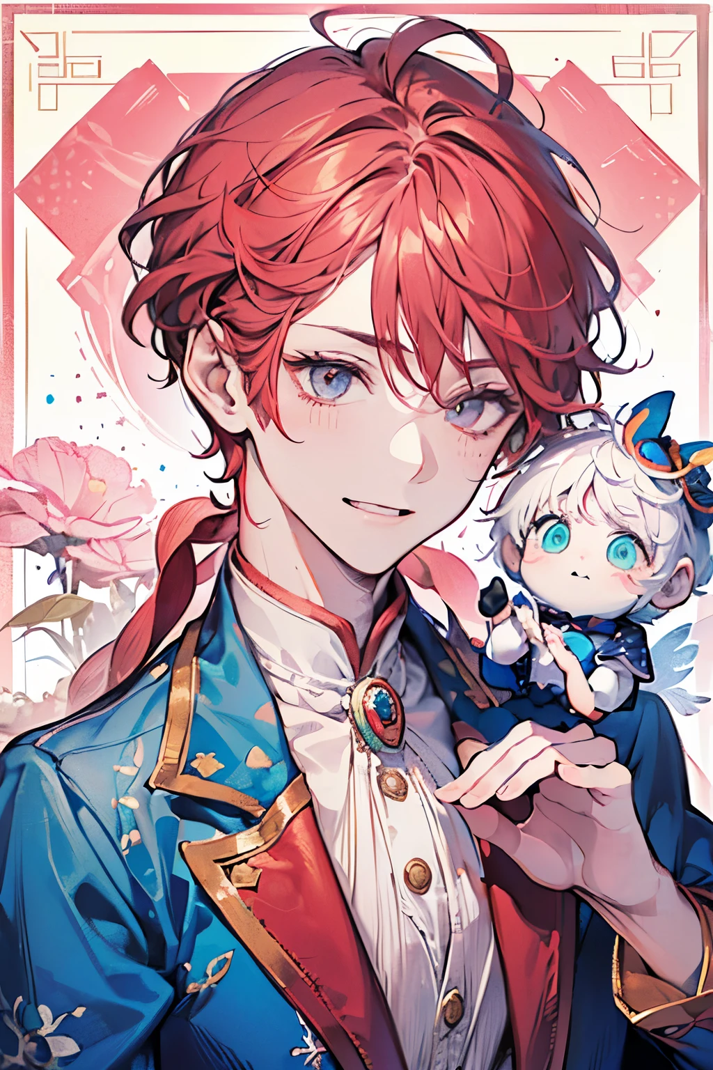 ((man around 20 years old:1.3)),((It's a Small World:1.3)),Prince style from the fairy tale world,alice in wonderland,cheshire cat,(polka dot background:1.2),red、white、pink、yellow,((head down:1.5)),(blush、Full of energy),smile,(hand heart:1.3)