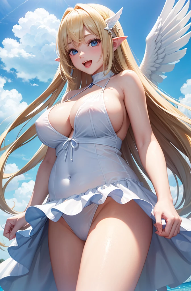 最high quality, high quality, 8K、High resolution,Highest quality、solo、A plump adult female angel in a white bikini with wings on her chest, viewed from below、Open Mouth Smile、Blonde hair and blue eyes、