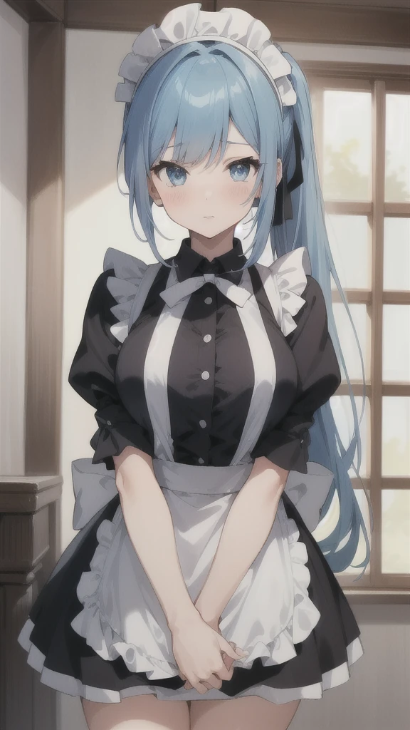 sylpha, long_hair, 1girl, blue_eyes, blue_hair, solo, blush, large_breasts, ponytail   , maid_headdress, maid, apron, upper body, looking at viewer, score_9, score_8_up, score_7_up, , anime coloring ,BREAK source_anime, anime ,
break masterpiece ,8k unity wallpaper,anime key visual,highest quality, High resolution,  (shape:0.8),anime coloring,
highly detailed face, detailed eyes,growing eyes,shiny skin,fine skin,white skin,dense skin,detailed hair,highly detailed legs,
perfect lighting, Detailed CG, 
(perfect hands, perfect anatomy),High resolution,
Break slender limbs, delicate curves, dainty hands,figure:0.8,