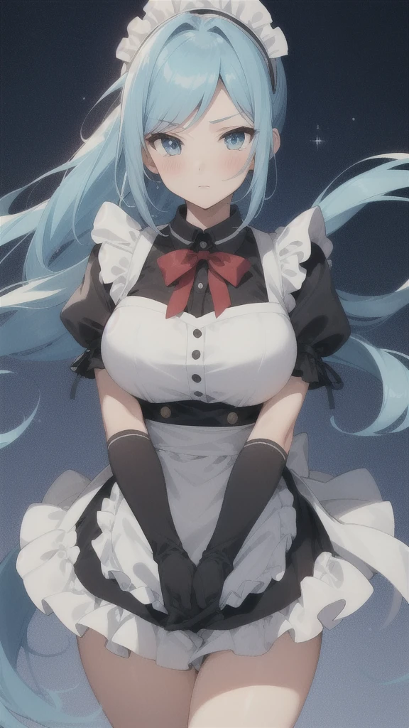 sylpha, long_hair, 1girl, blue_eyes, blue_hair, solo, blush, large_breasts, ponytail   , maid_headdress, maid, apron, upper body, looking at viewer, score_9, score_8_up, score_7_up, , anime coloring ,BREAK source_anime, anime ,
break masterpiece ,8k unity wallpaper,anime key visual,highest quality, High resolution,  (shape:0.8),anime coloring,
highly detailed face, detailed eyes,growing eyes,shiny skin,fine skin,white skin,dense skin,detailed hair,highly detailed legs,
perfect lighting, Detailed CG, 
(perfect hands, perfect anatomy),High resolution,
Break slender limbs, delicate curves, dainty hands,figure:0.8,