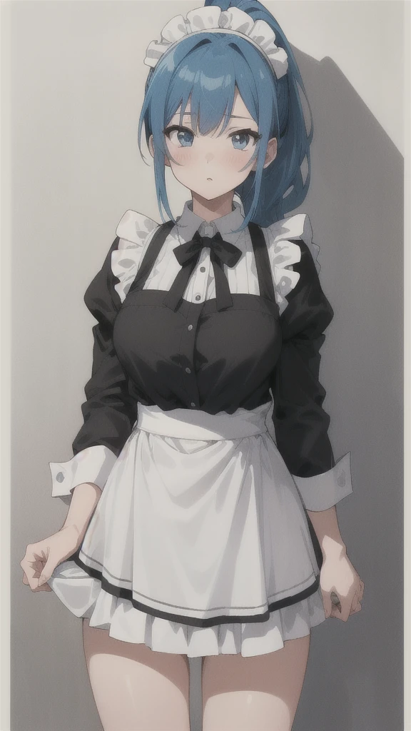 sylpha, long_hair, 1girl, blue_eyes, blue_hair, solo, blush, large_breasts, ponytail   , maid_headdress, maid, apron, upper body, looking at viewer, score_9, score_8_up, score_7_up, , anime coloring ,BREAK source_anime, anime ,
break masterpiece ,8k unity wallpaper,anime key visual,highest quality, High resolution,  (shape:0.8),anime coloring,
highly detailed face, detailed eyes,growing eyes,shiny skin,fine skin,white skin,dense skin,detailed hair,highly detailed legs,
perfect lighting, Detailed CG, 
(perfect hands, perfect anatomy),High resolution,
Break slender limbs, delicate curves, dainty hands,figure:0.8,