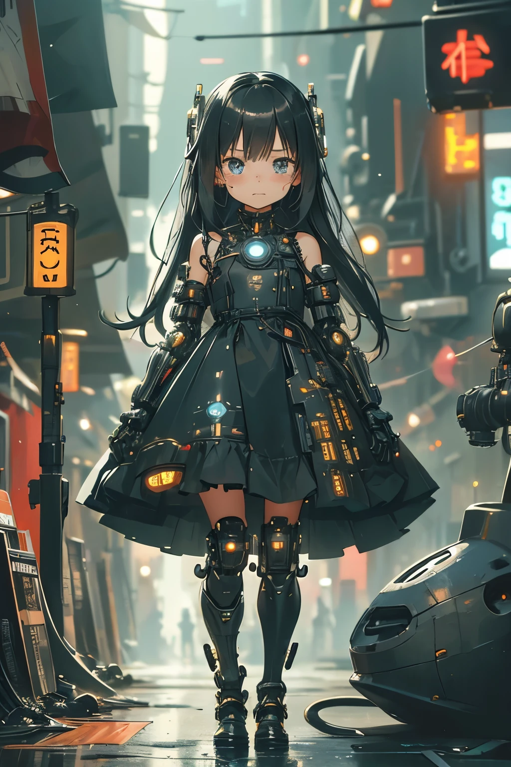 small girl, long black hair, sad crying face, half mechanical face mechanical jaw, cyborg arm, cyborg leg , girl , loliy , body connected to machines, power wires, blue light , dress . Futuristic