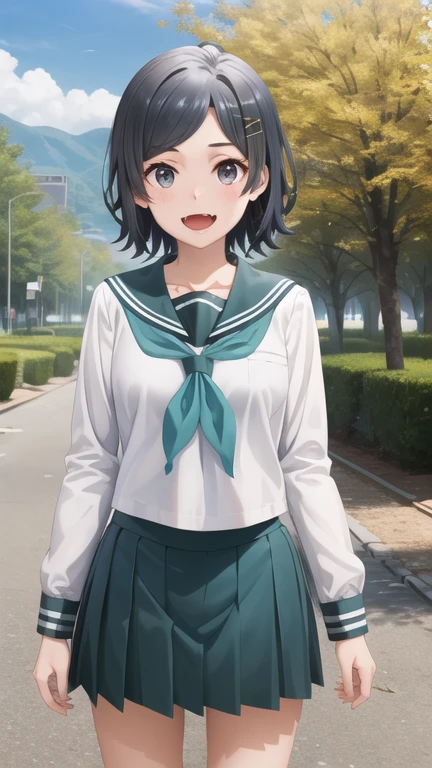 masterpiece, best quality, highres, aakomachi, short hair, ahoge, black eyes, hairclip, x hair ornament, serafuku, collarbone, sailor collar, aqua neckerchief, white shirt, long sleeves, aqua skirt, standing, cowboy shot, outdoors, smile, fang,