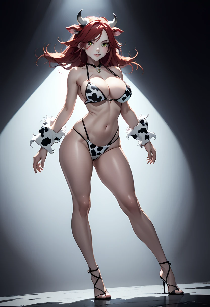 detailed illustration (side view),dynamic angle, ultra-detailed, illustration, clean line art, shading, anime, detailed eyes, detailed face, beautiful face, dramatic lighting, detailed illustration, dynamic angle, ultra-detailed, illustration,
Woman, well endowed breasts, short red hair, bikini, small cow horns on head, cow fur pattern on arms and legs, large woman, curvy, shapely, cow ears instead of human ears, monster girl, female minotaur, humanoid cow monster,