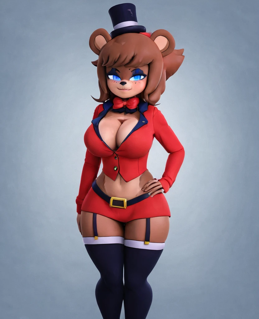 (best quality, masterpiece1.2), 1girl, solo, human, cally3d, (fredina), brown body, top hat, bear ears, stockings, woman, red hoodie, blue eyes, sexy, detailed, extreme detail, perfect lighting, 4k, hood down,