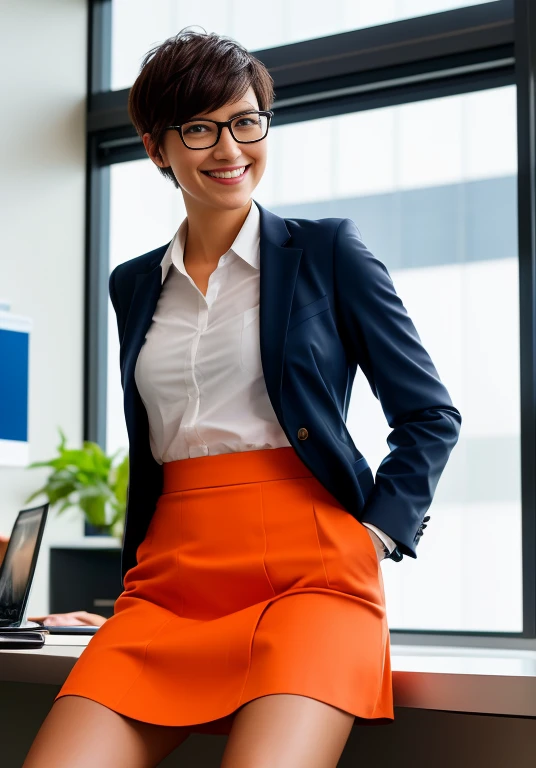 an image with two people. a sexy woman with short hair, glasses and a skirt posing for a photo sitting in an office with a computer in front, Beautiful woman, smiling, orange jacket and brown skirt, atractiva chica profesora universitaria asesorando a un hombre elegante smiling mirando un documento, natural light, executive office