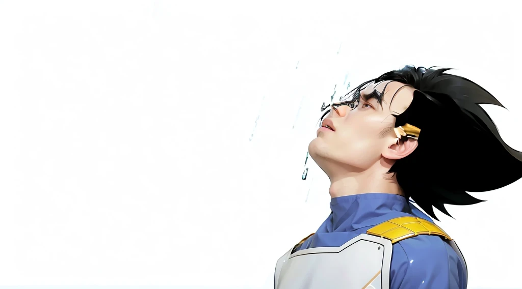 Man looking up angrily as rain falls on his face, spiky black hair, tight blue shirt, futuristic white armor with gold details.
