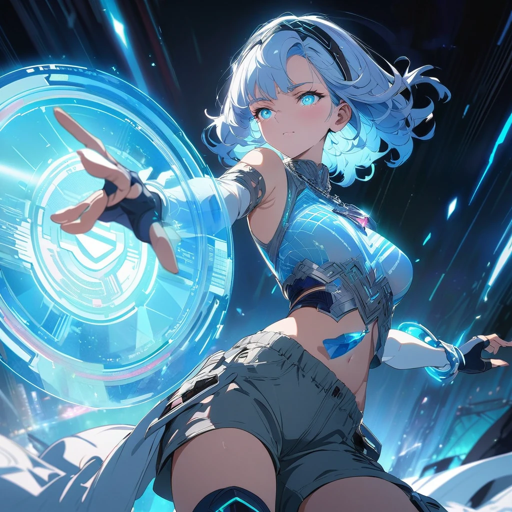 Create an image of a gentle girl with short, silvery-blue hair wearing a fitted, high-collar, long-sleeved shirt with glowing runic patterns, slim-fit cargo pants, fingerless gloves with LED strips, articulated knee guards, and sturdy, glowing-trim combat boots; she has a high-tech headband, (nude:0.8) a silver necklace with a crystal pendant, and a wrist-mounted holographic projector, and she is generating a large, translucent energy shield with intricate, glowing blue patterns, standing in a dynamic yet gentle pose with a dark, dramatic background illuminated by blue light and energy waves, detailed gorgeous face| anime style| key visual| intricate detail| highly detailed| breathtaking| vibrant| panoramic| cinematic| Carne Griffiths| Conrad Roset| gibbli 8