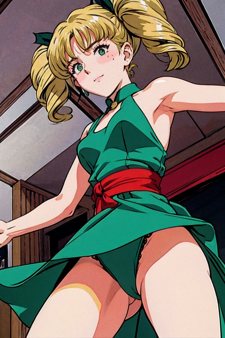 {{{1990s style, gouache style, retro artstyle, sexy no jutsu,pc98,pixelart,game cg}}},red ribbon,blunt bangs,green eyes,ringlets, twin drills,gold hair.lace, large breasts,princess,undress,sweat,steam,smug, nose blush,princess dress,armpits, from below, 