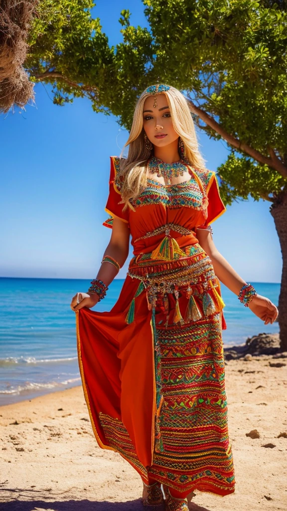 Most beautiful blonde lady, robe kabyle, berber,amazigh, kabyle beauty, bijoux,kabyledress, attractive, hd,best, perfect body , ouadhias,amazigh outfit, beach background 