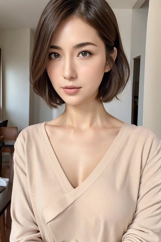 Highest quality, 8K, masterpiece, One Girl, Stylish Japanese woman, Random Hairstyles, Medium-breasted with good shape, short hair, Casual clothing, indoor, short hair, Highly detailed face, fine grain, double eyelid, View your audience, V-neck shirt