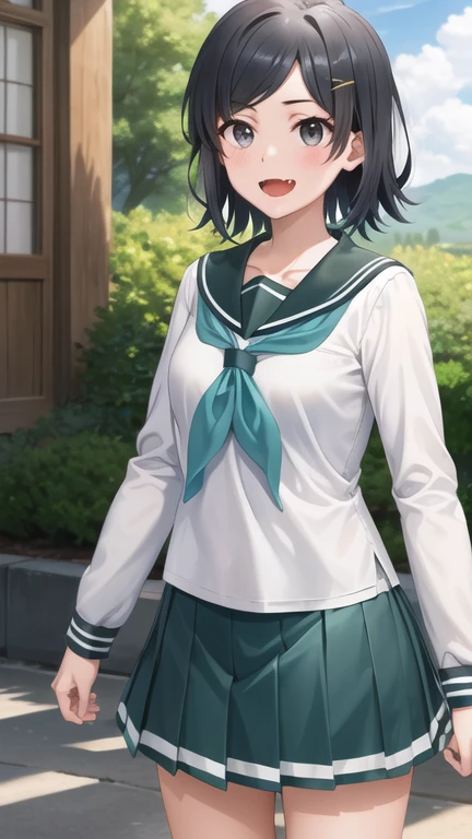 masterpiece, best quality, highres, aakomachi, short hair, ahoge, black eyes, hairclip, x hair ornament, serafuku, collarbone, sailor collar, aqua neckerchief, white shirt, long sleeves, aqua skirt, standing, cowboy shot, outdoors, smile, fang,