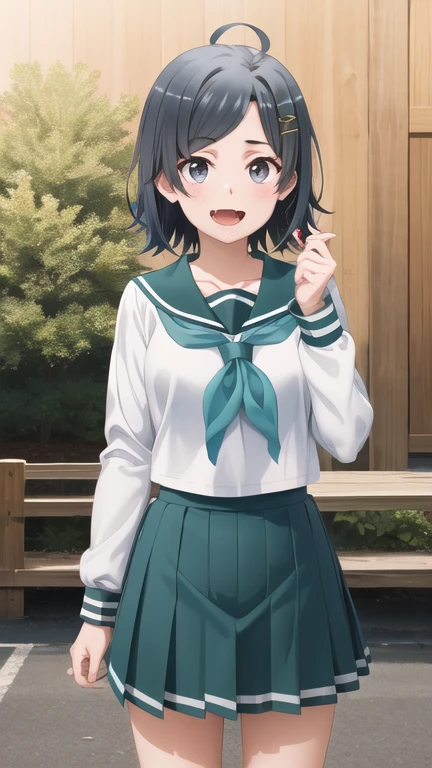 masterpiece, best quality, highres, aakomachi, short hair, ahoge, black eyes, hairclip, x hair ornament, serafuku, collarbone, sailor collar, aqua neckerchief, white shirt, long sleeves, aqua skirt, standing, cowboy shot, outdoors, smile, fang,